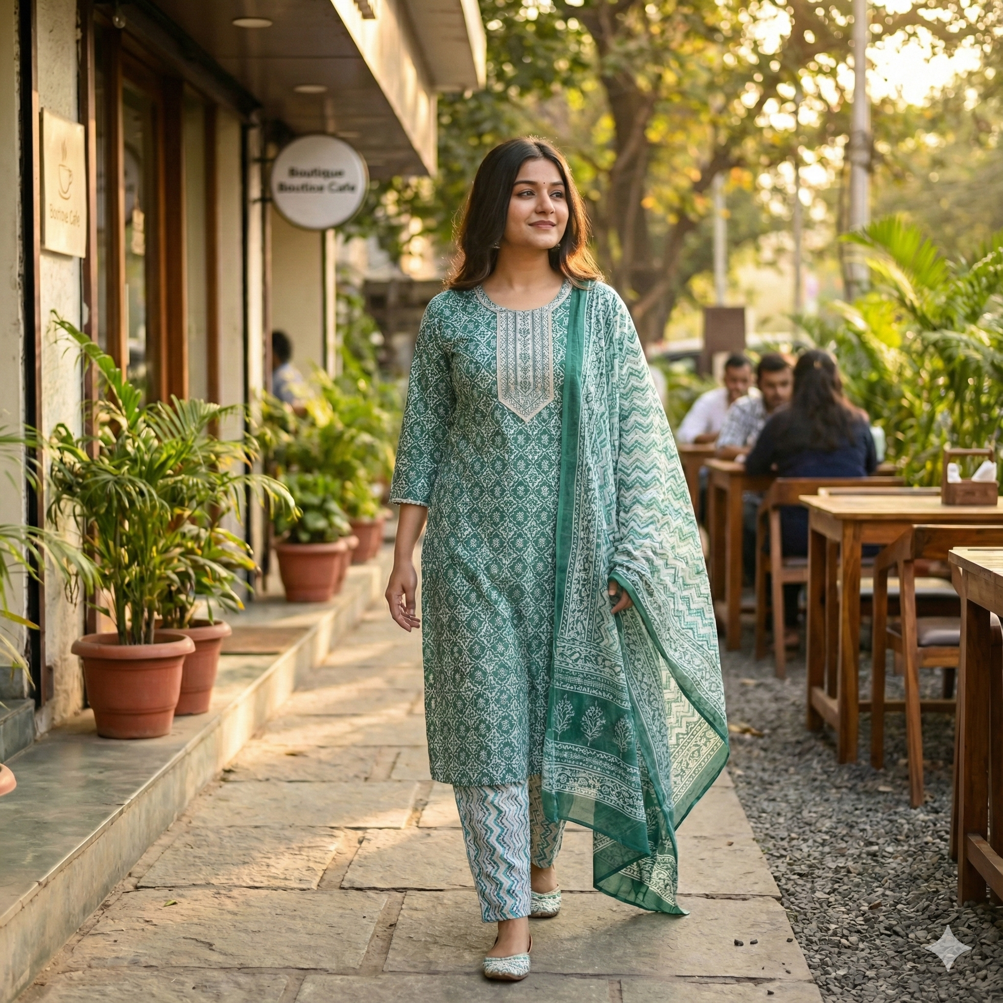 Teal Green Printed Cotton 3-Piece Kurta Pant Dupatta Set for Women | Elegant Daily Wear Suit Set