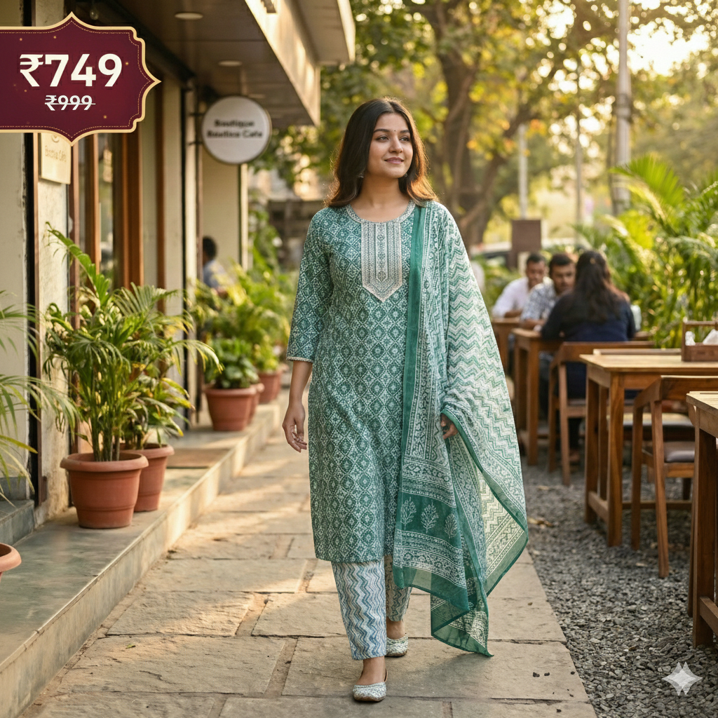Teal Green Printed Cotton 3-Piece Kurta Pant Dupatta Set for Women | Elegant Daily Wear Suit Set