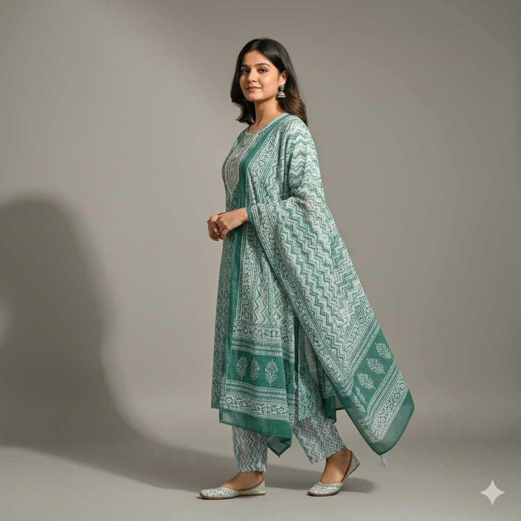 Teal Green Printed Cotton 3-Piece Kurta Pant Dupatta Set for Women | Elegant Daily Wear Suit Set