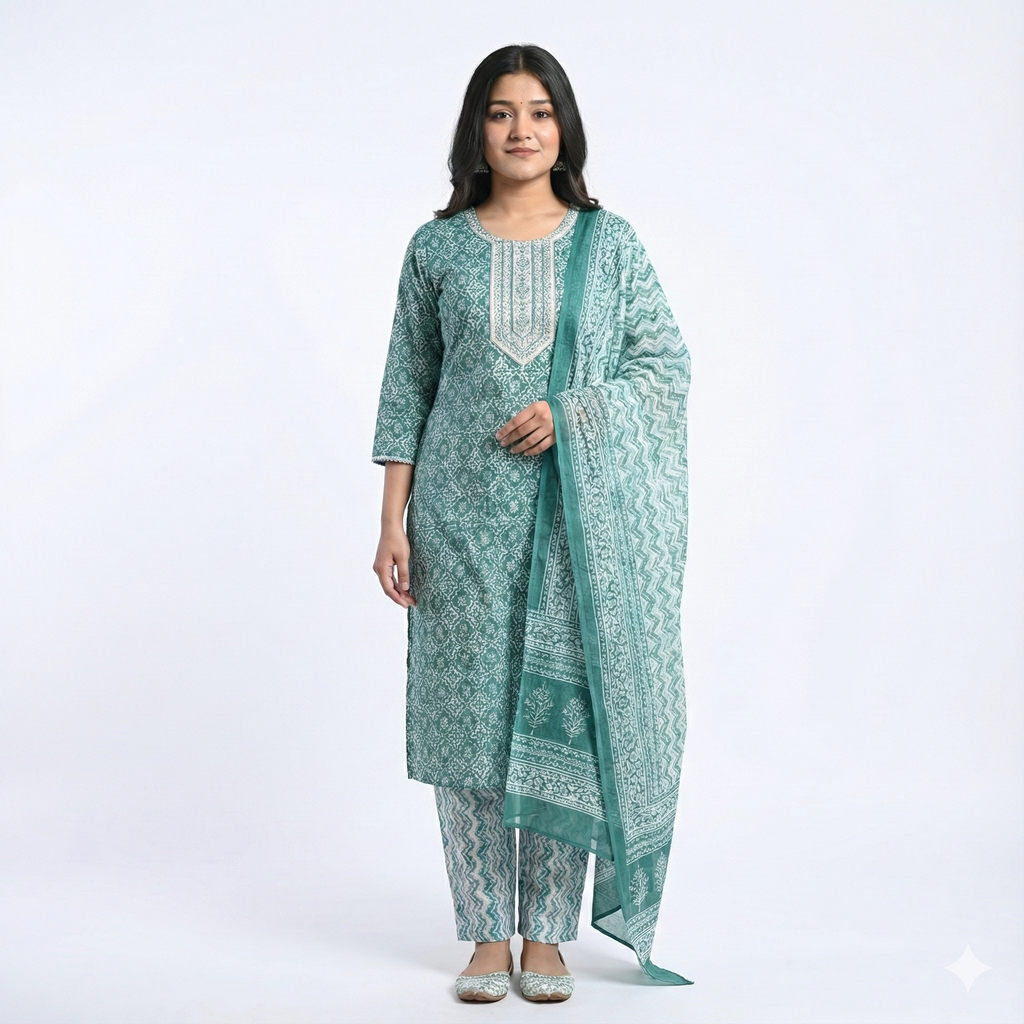 Teal Green Printed Cotton 3-Piece Kurta Pant Dupatta Set for Women | Elegant Daily Wear Suit Set