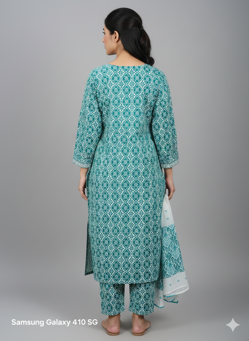 Teal Green Printed Cotton 3-Piece Kurta Pant Dupatta Set for Women | Elegant Daily Wear Suit Set