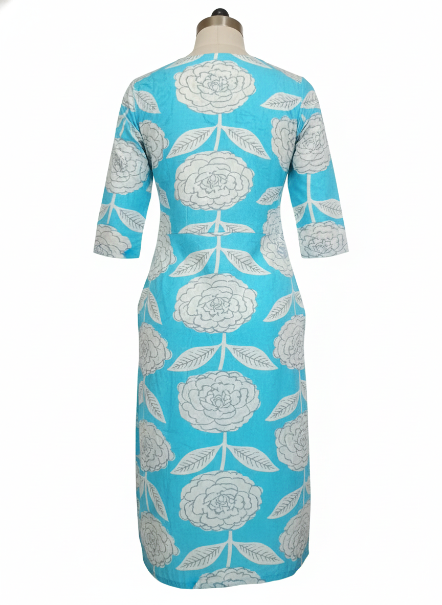 Turquoise Blue Floral Printed Cotton Kurti for Women | 3/4 Sleeve Straight Fit Daily Wear Kurta