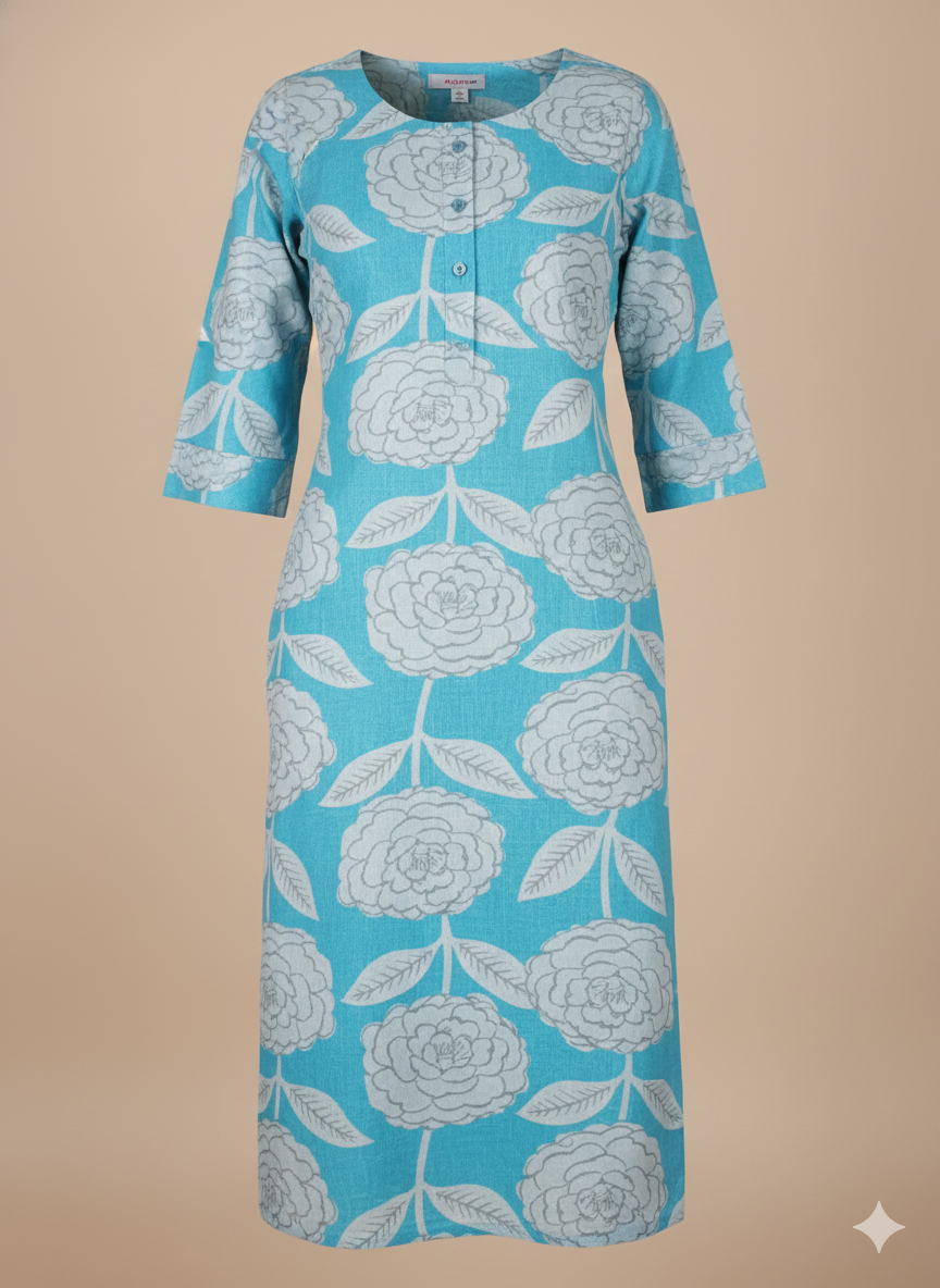 Turquoise Blue Floral Printed Cotton Kurti for Women | 3/4 Sleeve Straight Fit Daily Wear Kurta