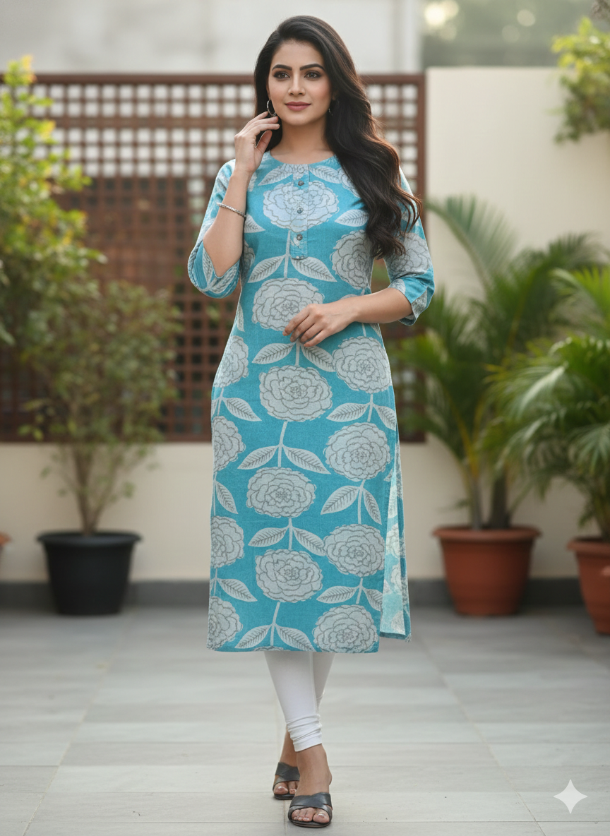 Turquoise Blue Floral Printed Cotton Kurti for Women | 3/4 Sleeve Straight Fit Daily Wear Kurta