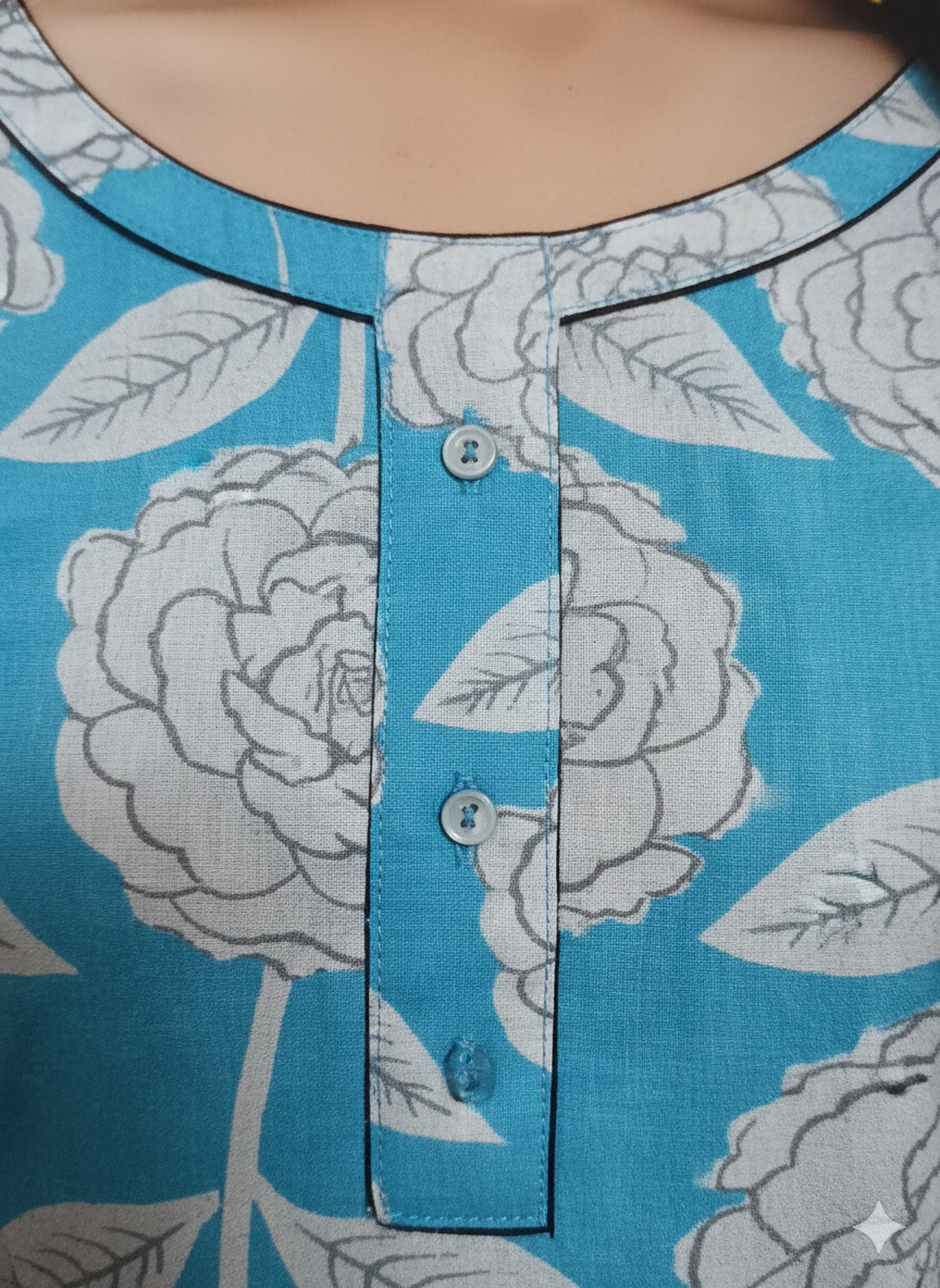 Turquoise Blue Floral Printed Cotton Kurti for Women | 3/4 Sleeve Straight Fit Daily Wear Kurta