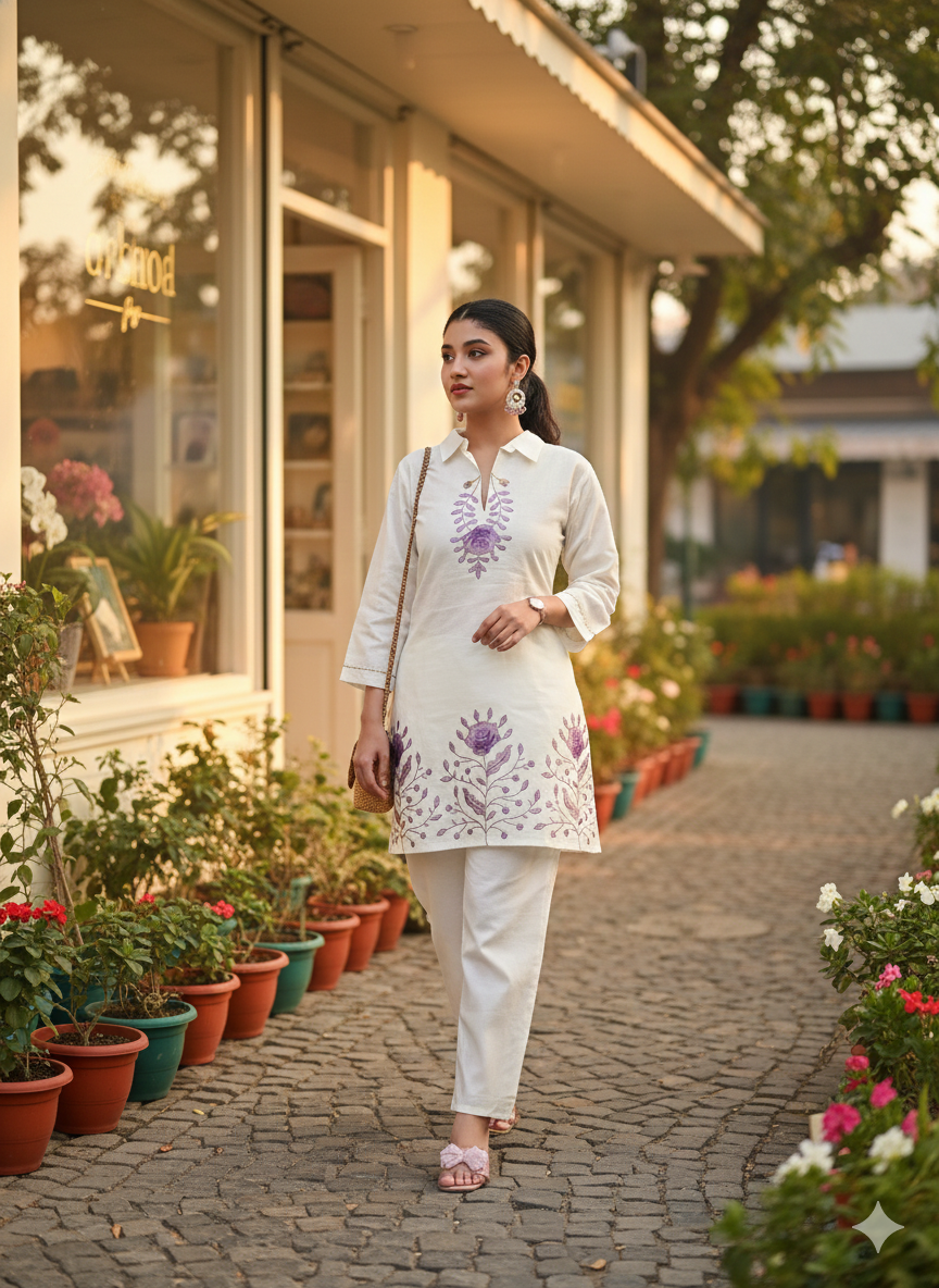 Elegant White Cotton Cord Set for Women – Hand-Embroidered Floral Kurta & Pant Co-ord | Summer Festive Ethnic Wear
