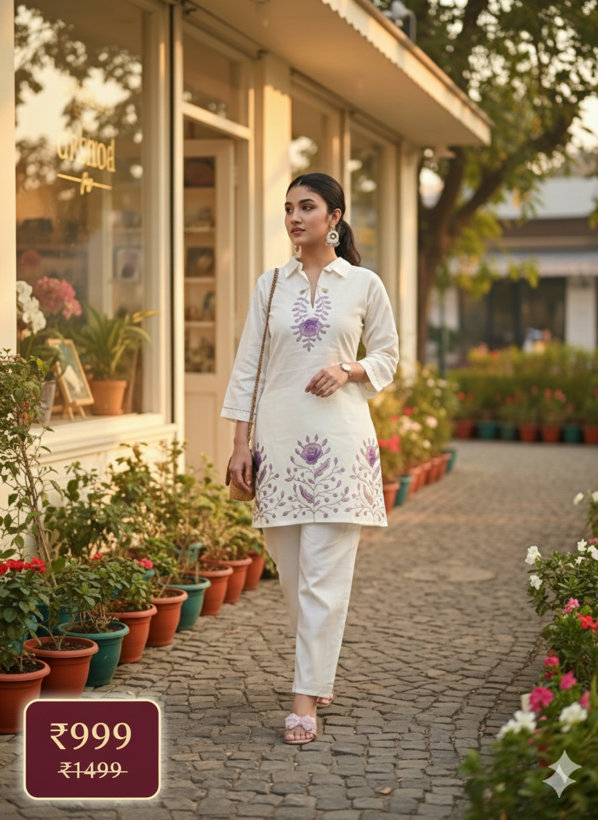 Elegant White Cotton Cord Set for Women – Hand-Embroidered Floral Kurta & Pant Co-ord | Summer Festive Ethnic Wear