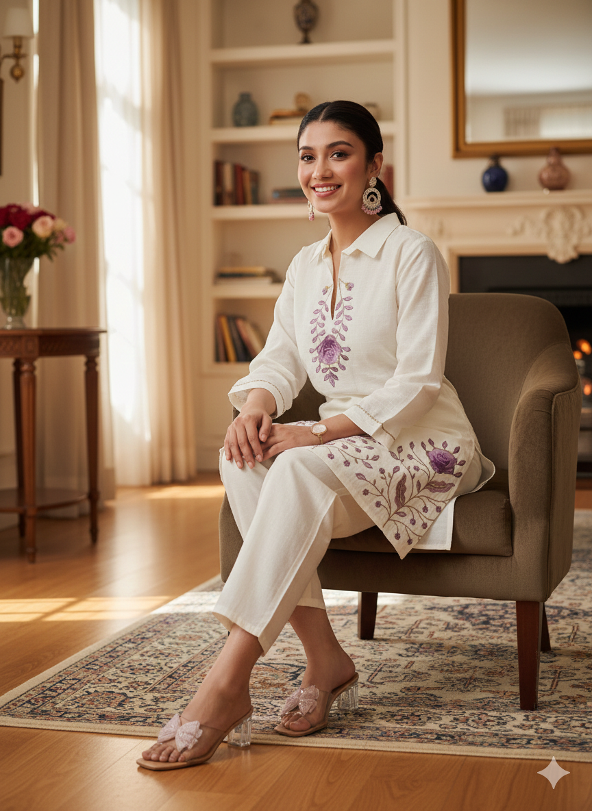 Elegant White Cotton Cord Set for Women – Hand-Embroidered Floral Kurta & Pant Co-ord | Summer Festive Ethnic Wear