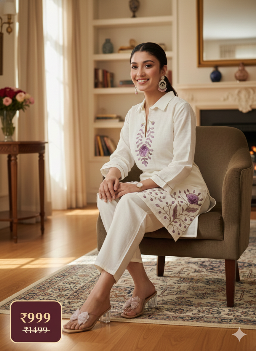 Elegant White Cotton Cord Set for Women – Hand-Embroidered Floral Kurta & Pant Co-ord | Summer Festive Ethnic Wear