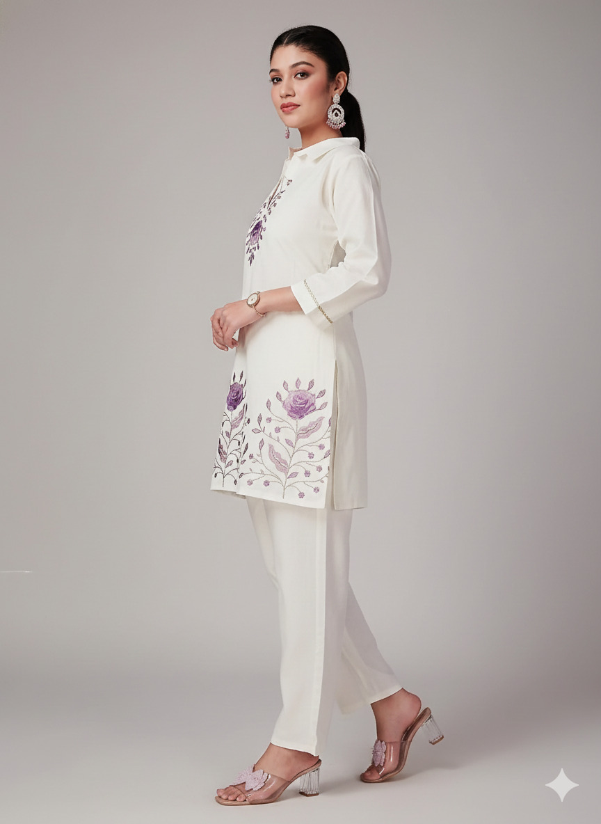 Elegant White Cotton Cord Set for Women – Hand-Embroidered Floral Kurta & Pant Co-ord | Summer Festive Ethnic Wear