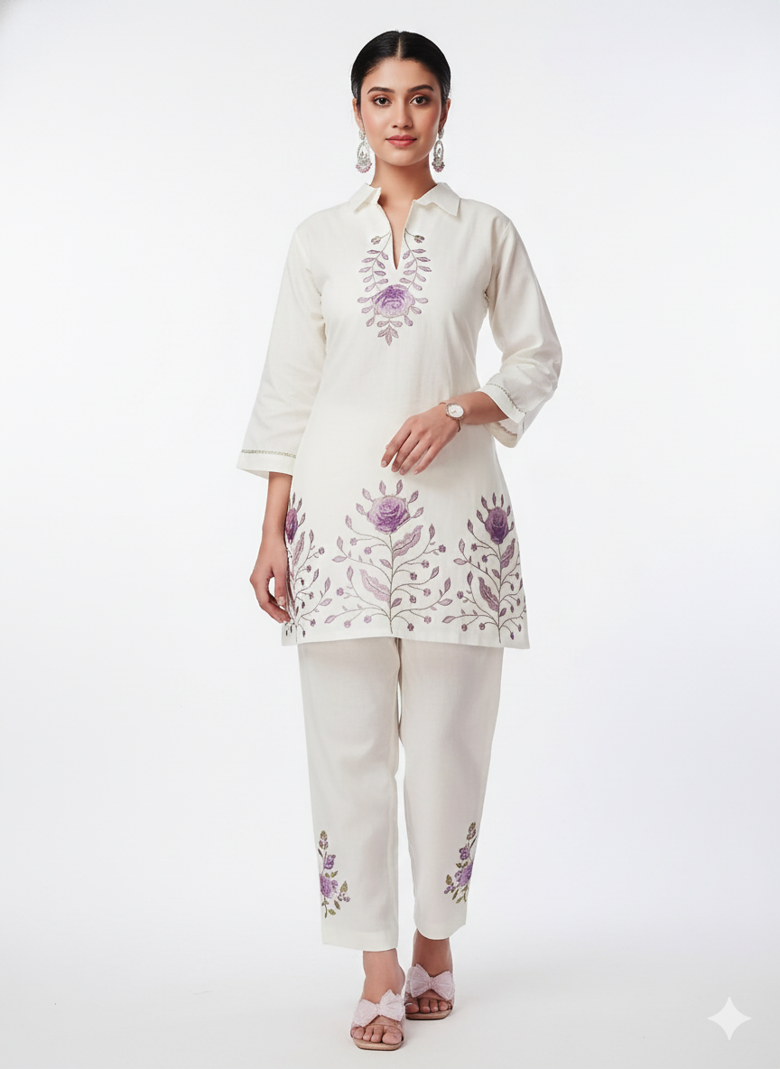 Elegant White Cotton Cord Set for Women – Hand-Embroidered Floral Kurta & Pant Co-ord | Summer Festive Ethnic Wear