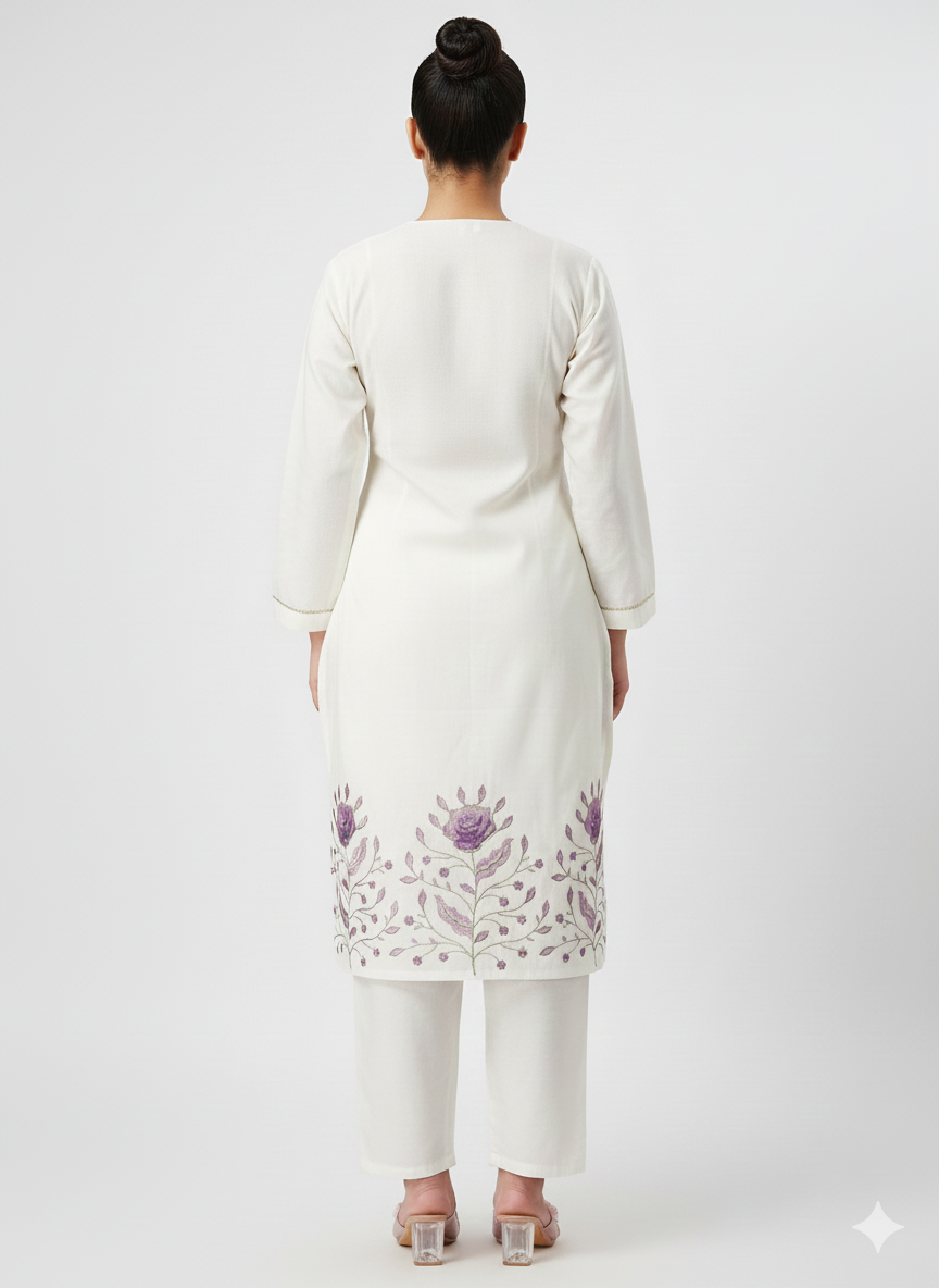 Elegant White Cotton Cord Set for Women – Hand-Embroidered Floral Kurta & Pant Co-ord | Summer Festive Ethnic Wear