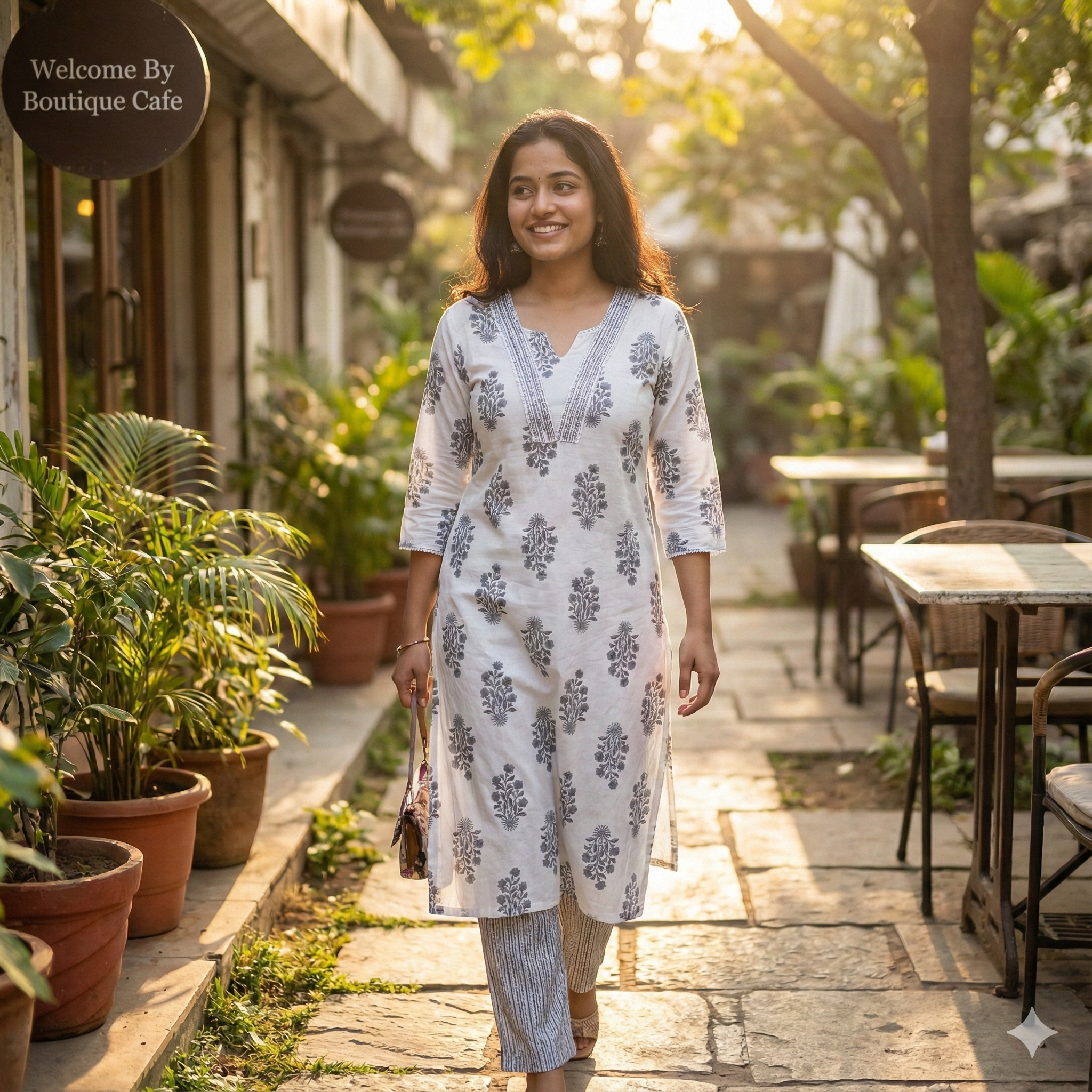 White & Grey Floral Cotton Kurta Pant Set for Women – Soft Daily Wear 2-Piece Ethnic Outfit