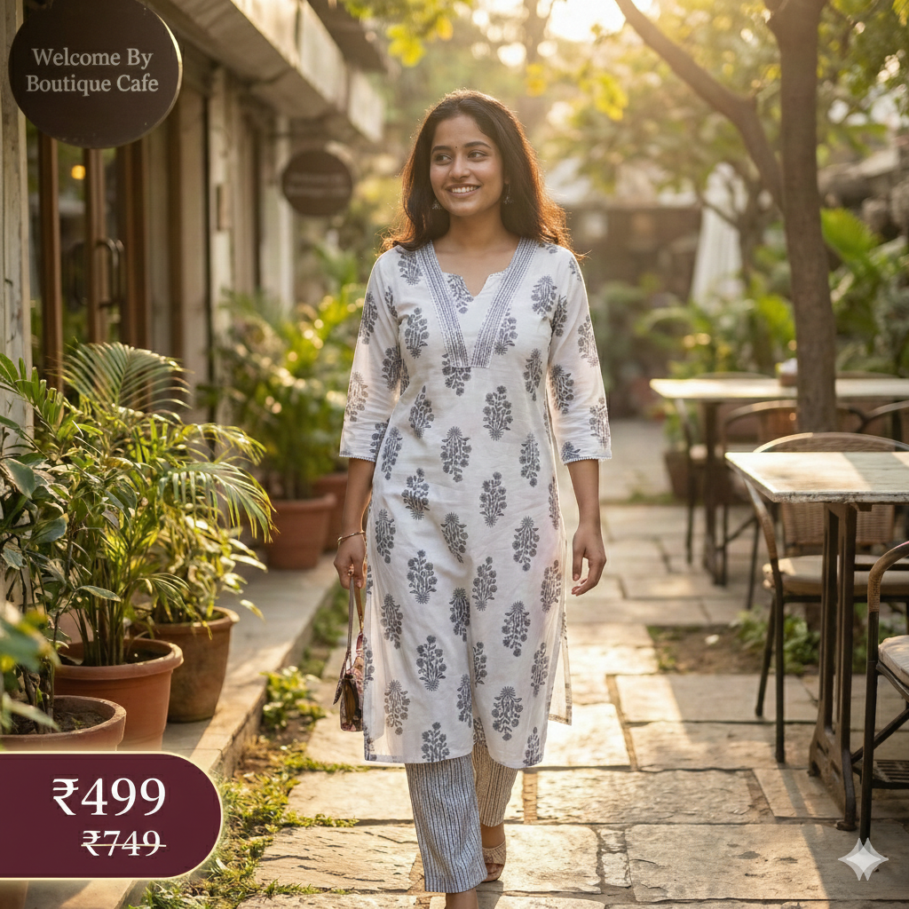 White & Grey Floral Cotton Kurta Pant Set for Women – Soft Daily Wear 2-Piece Ethnic Outfit