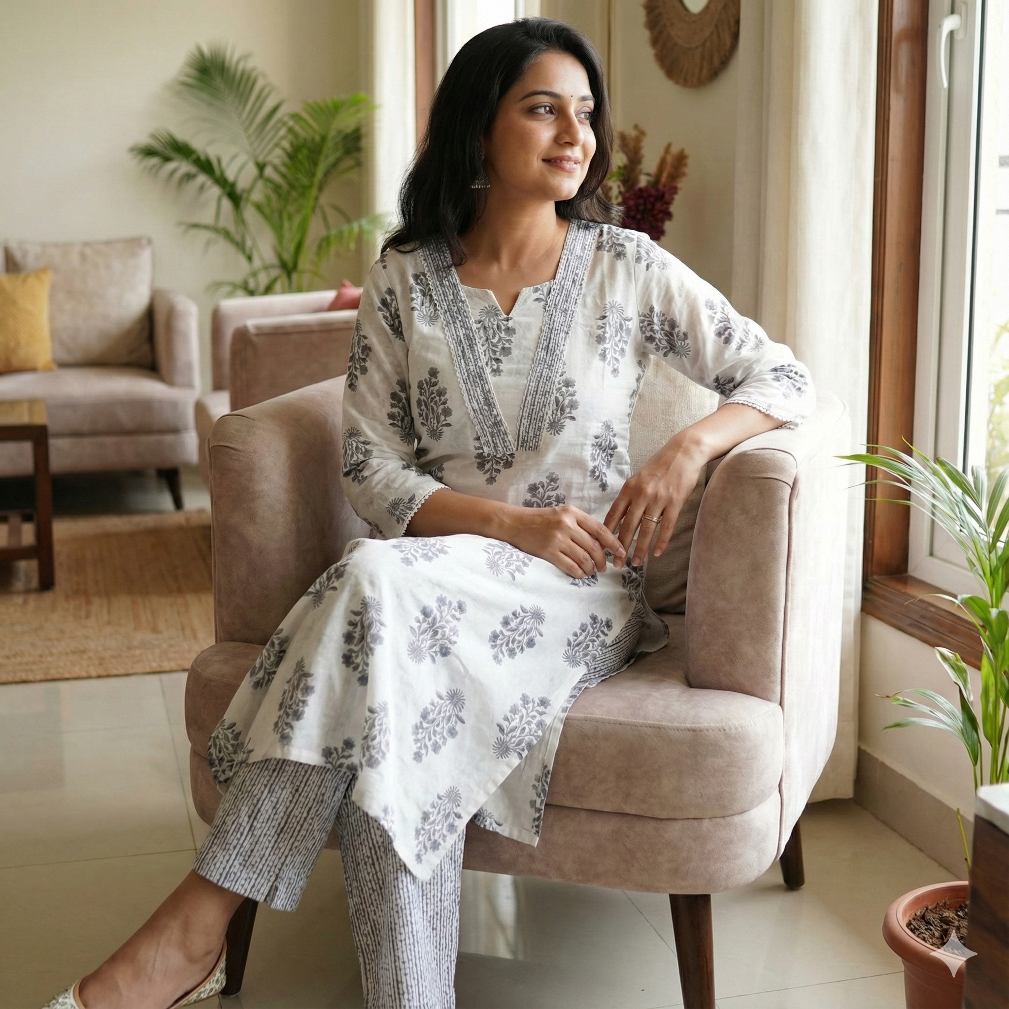 White & Grey Floral Cotton Kurta Pant Set for Women – Soft Daily Wear 2-Piece Ethnic Outfit