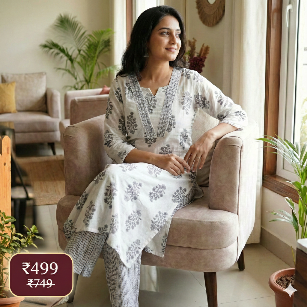 White & Grey Floral Cotton Kurta Pant Set for Women – Soft Daily Wear 2-Piece Ethnic Outfit