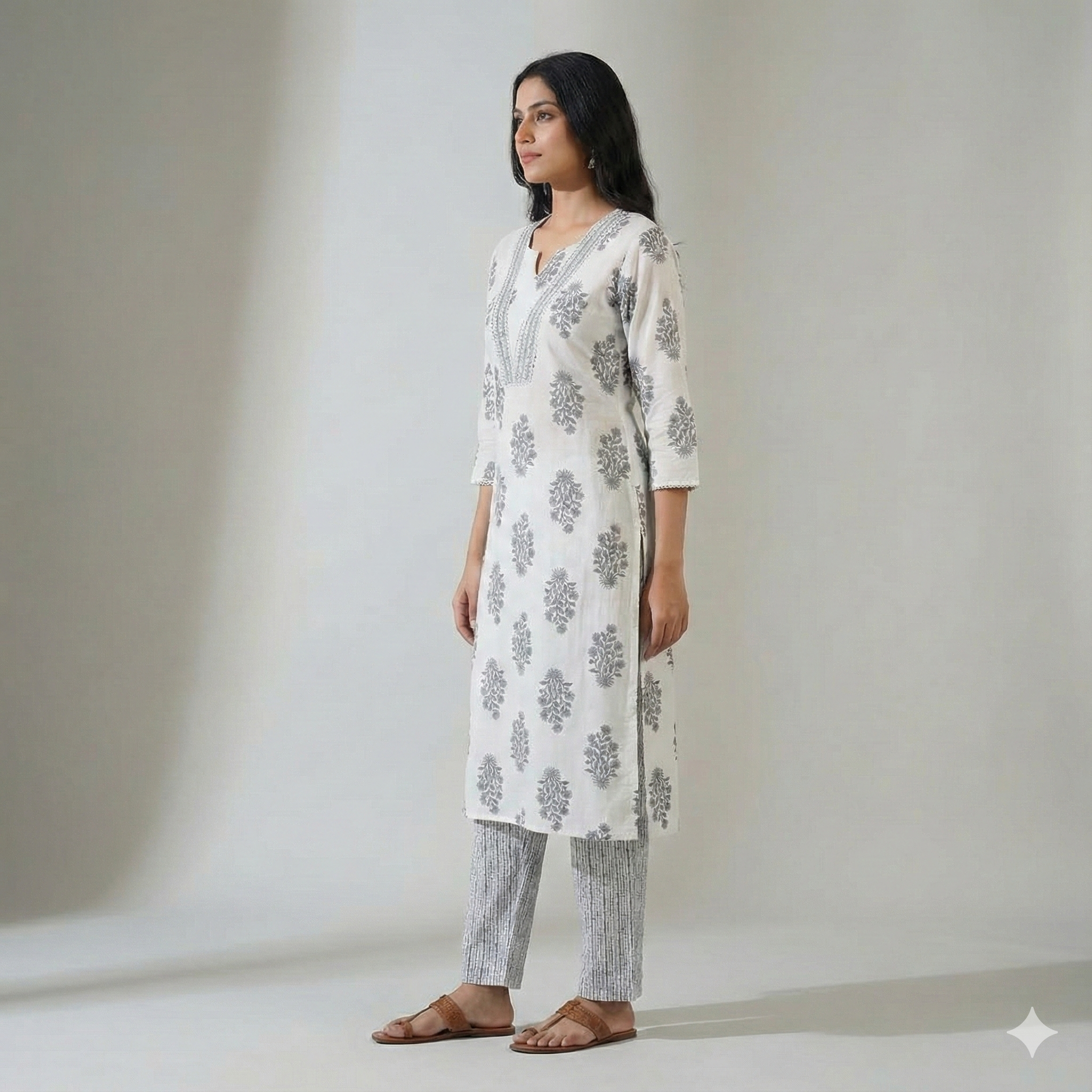 White & Grey Floral Cotton Kurta Pant Set for Women – Soft Daily Wear 2-Piece Ethnic Outfit