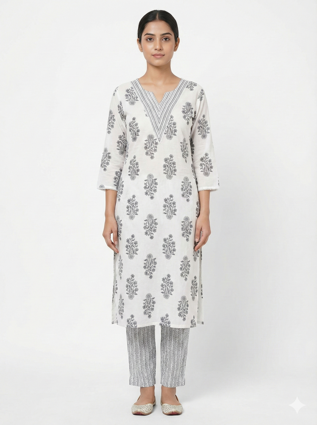 White & Grey Floral Cotton Kurta Pant Set for Women – Soft Daily Wear 2-Piece Ethnic Outfit