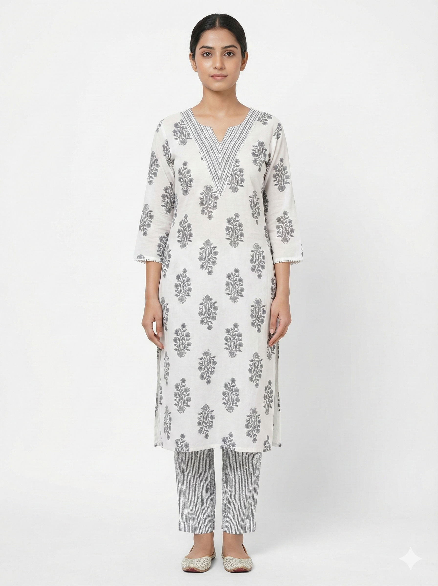 White & Grey Floral Cotton Kurta Pant Set for Women – Soft Daily Wear 2-Piece Ethnic Outfit