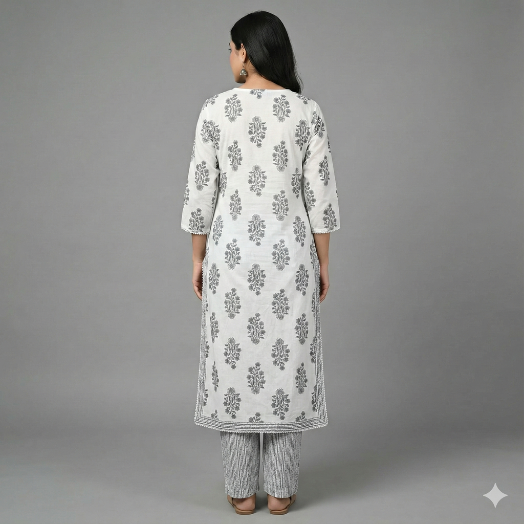 White & Grey Floral Cotton Kurta Pant Set for Women – Soft Daily Wear 2-Piece Ethnic Outfit