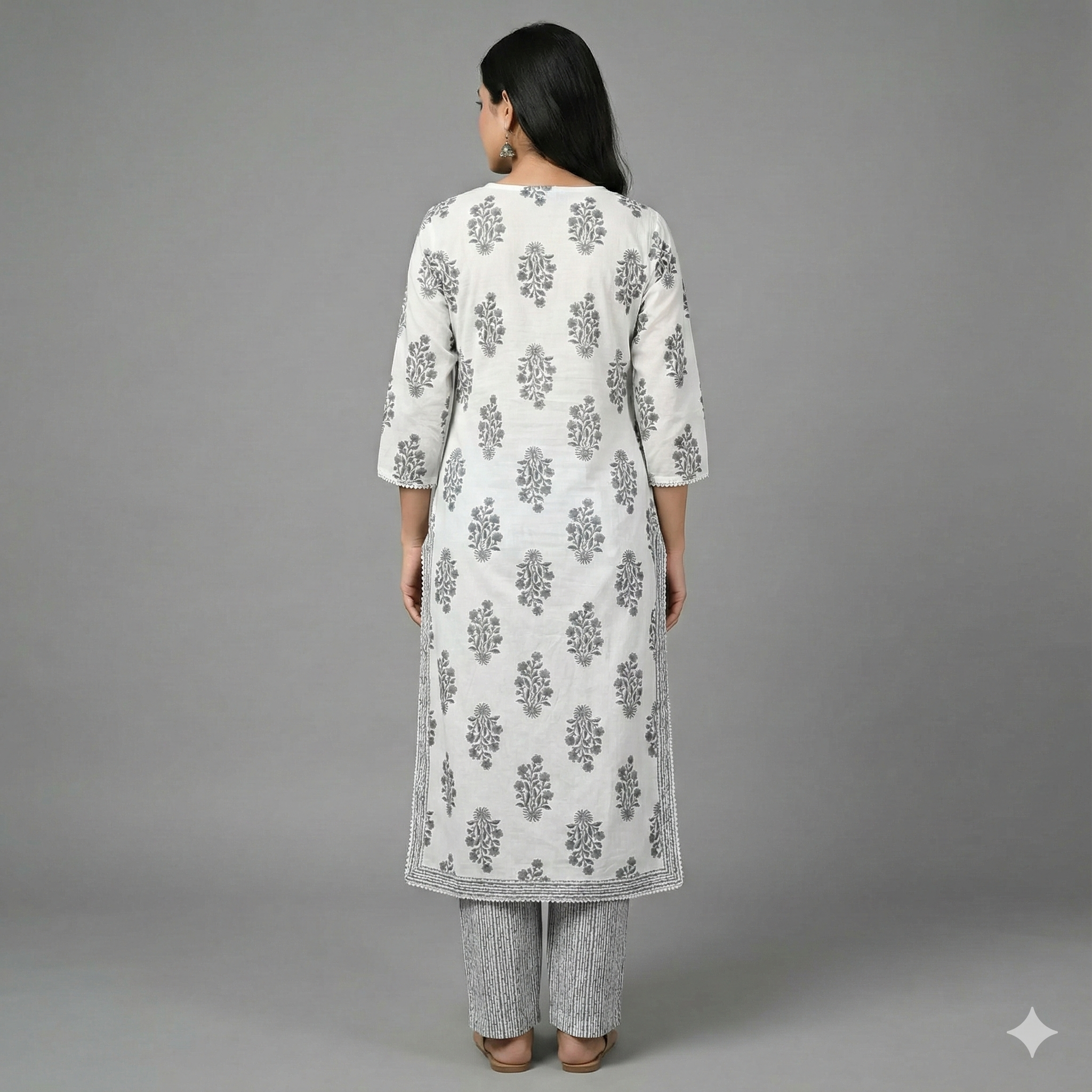 White & Grey Floral Cotton Kurta Pant Set for Women – Soft Daily Wear 2-Piece Ethnic Outfit