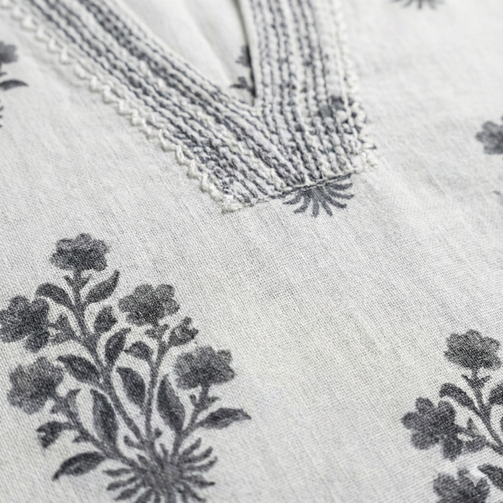 White & Grey Floral Cotton Kurta Pant Set for Women – Soft Daily Wear 2-Piece Ethnic Outfit
