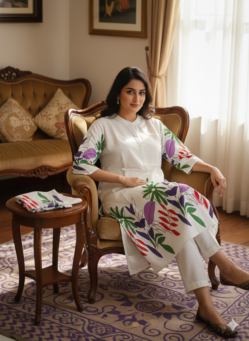 White Khadi Cord Set with Bold Multicolor Hand-Painted Floral Print | Breezy Summer Wear