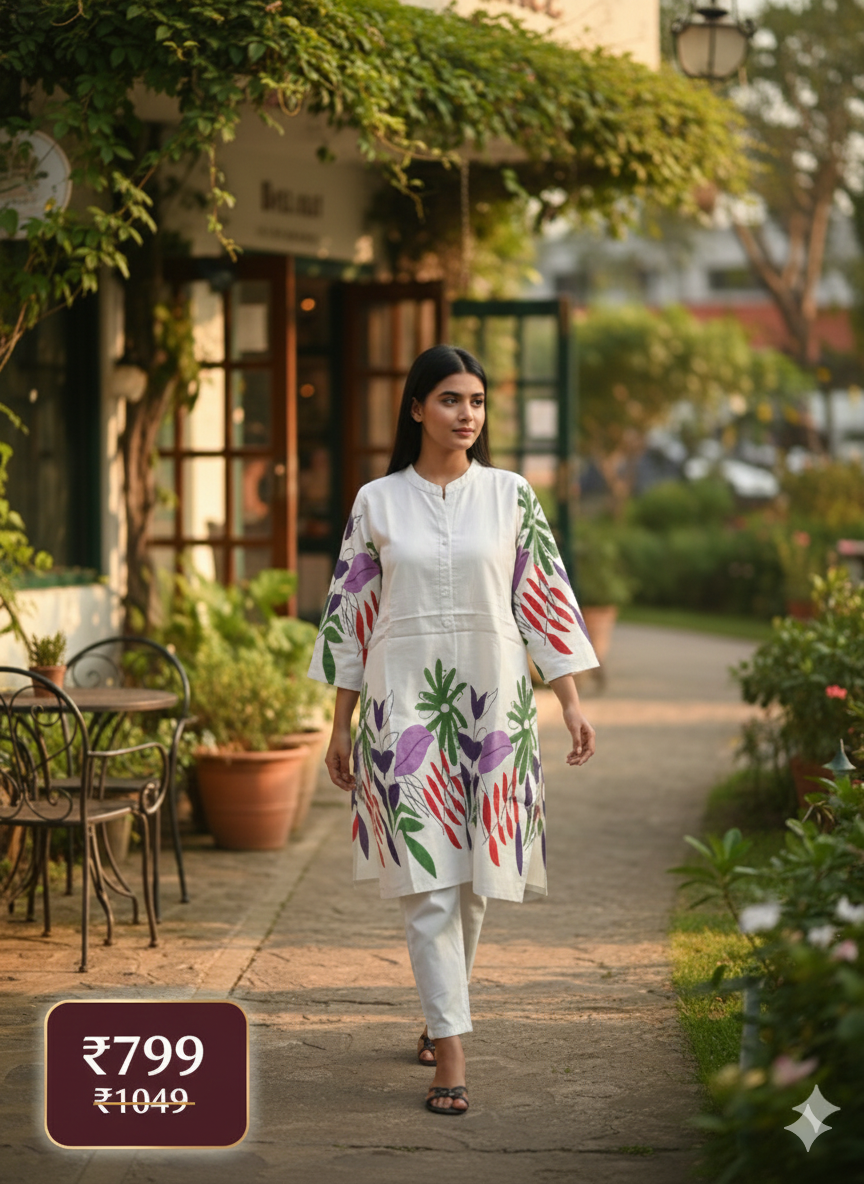 White Khadi Cord Set with Bold Multicolor Hand-Painted Floral Print | Breezy Summer Wear