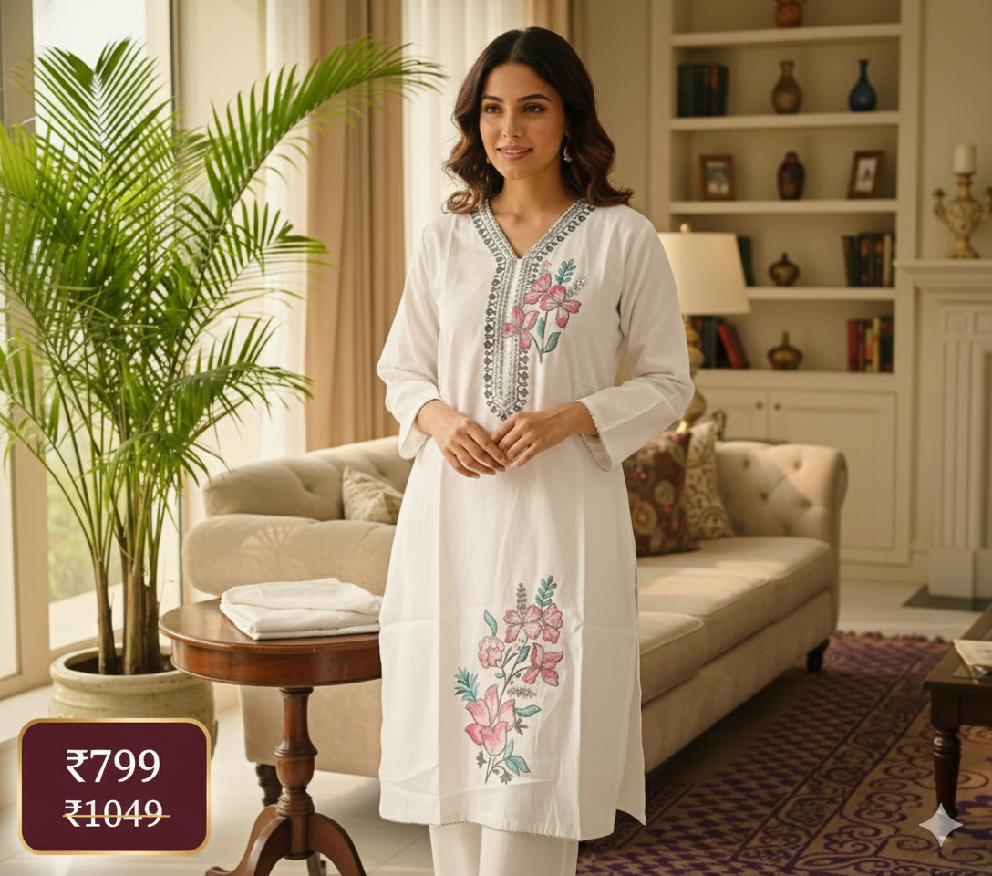 White Cord Set with Bold Multicolor Hand-Painted Floral Print | Breezy Summer Wear