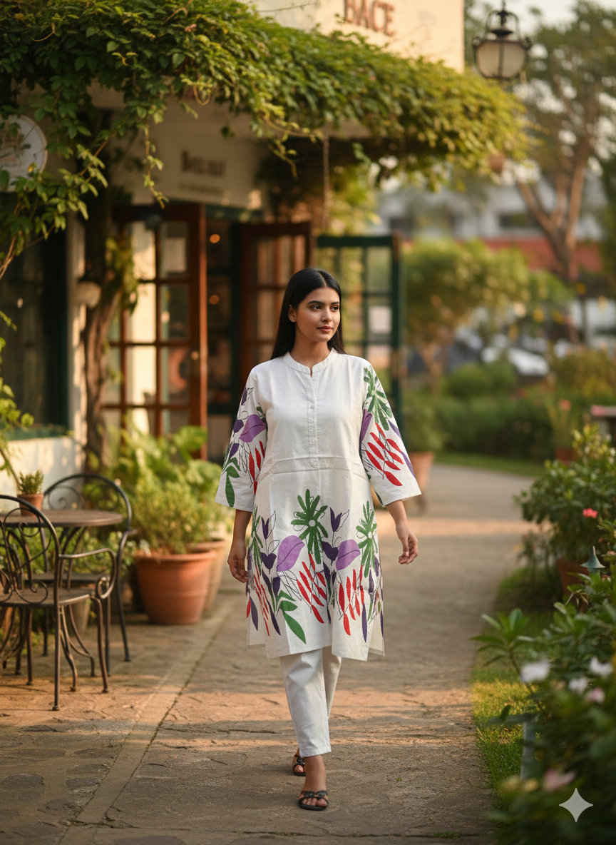 White Khadi Cord Set with Bold Multicolor Hand-Painted Floral Print | Breezy Summer Wear