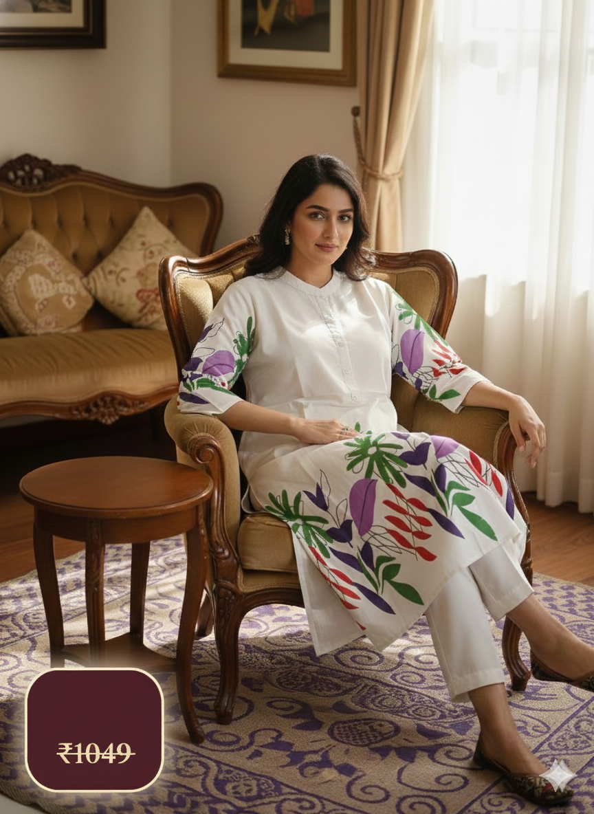White Khadi Cord Set with Bold Multicolor Hand-Painted Floral Print | Breezy Summer Wear