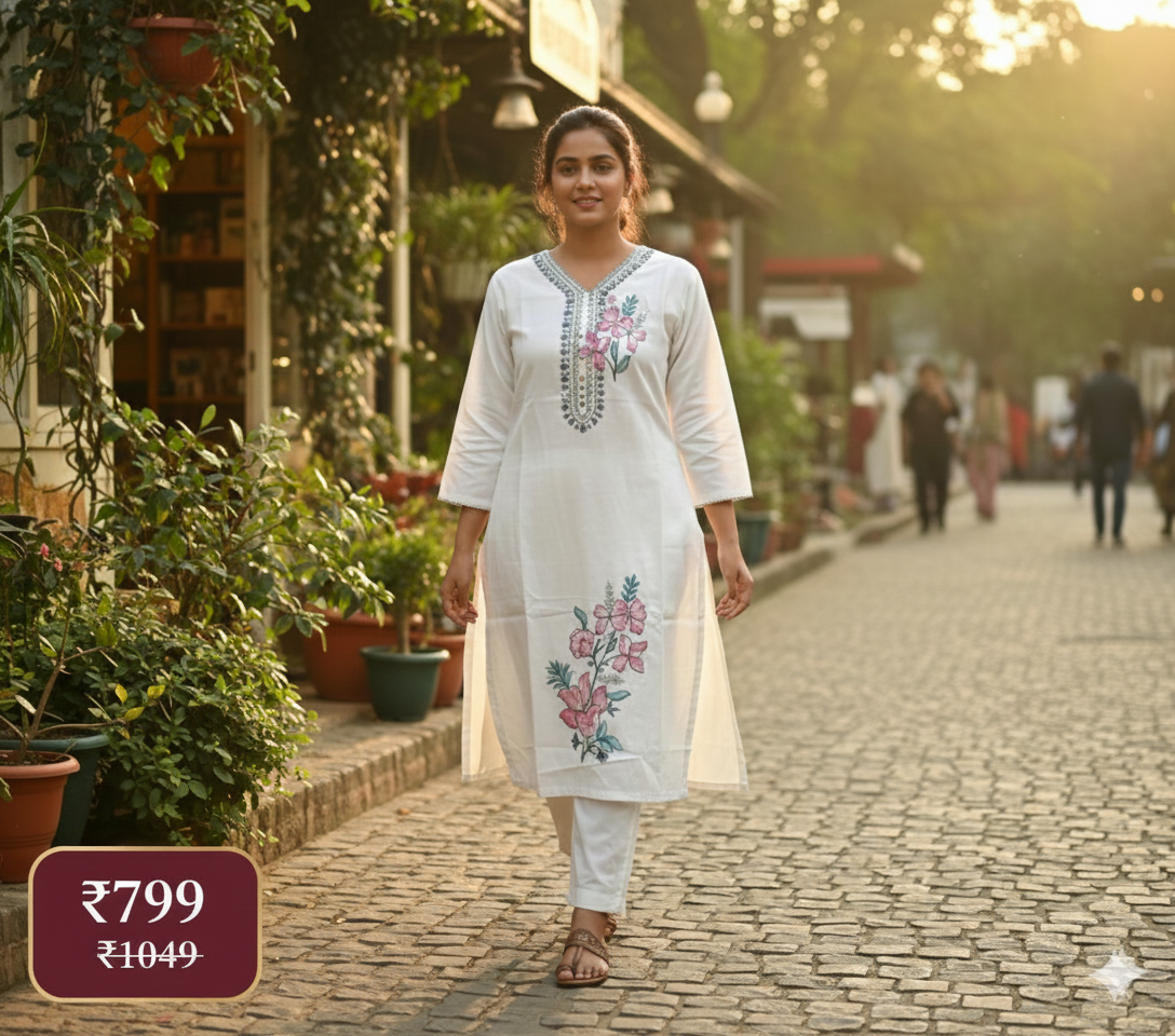 White Cord Set with Bold Multicolor Hand-Painted Floral Print | Breezy Summer Wear