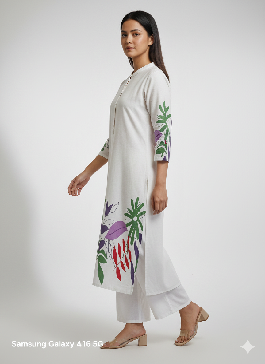White Khadi Cord Set with Bold Multicolor Hand-Painted Floral Print | Breezy Summer Wear