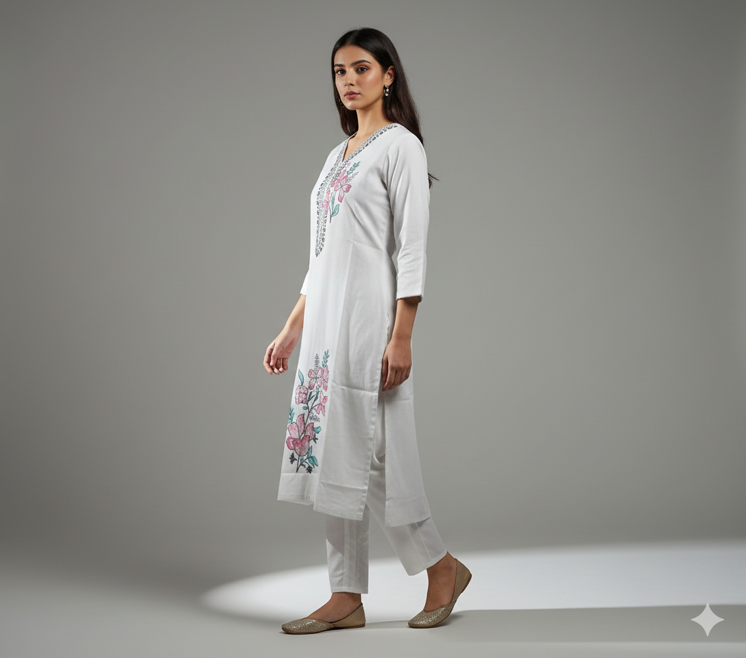 White Cord Set with Bold Multicolor Hand-Painted Floral Print | Breezy Summer Wear