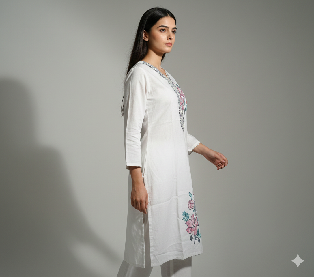 White Cord Set with Bold Multicolor Hand-Painted Floral Print | Breezy Summer Wear