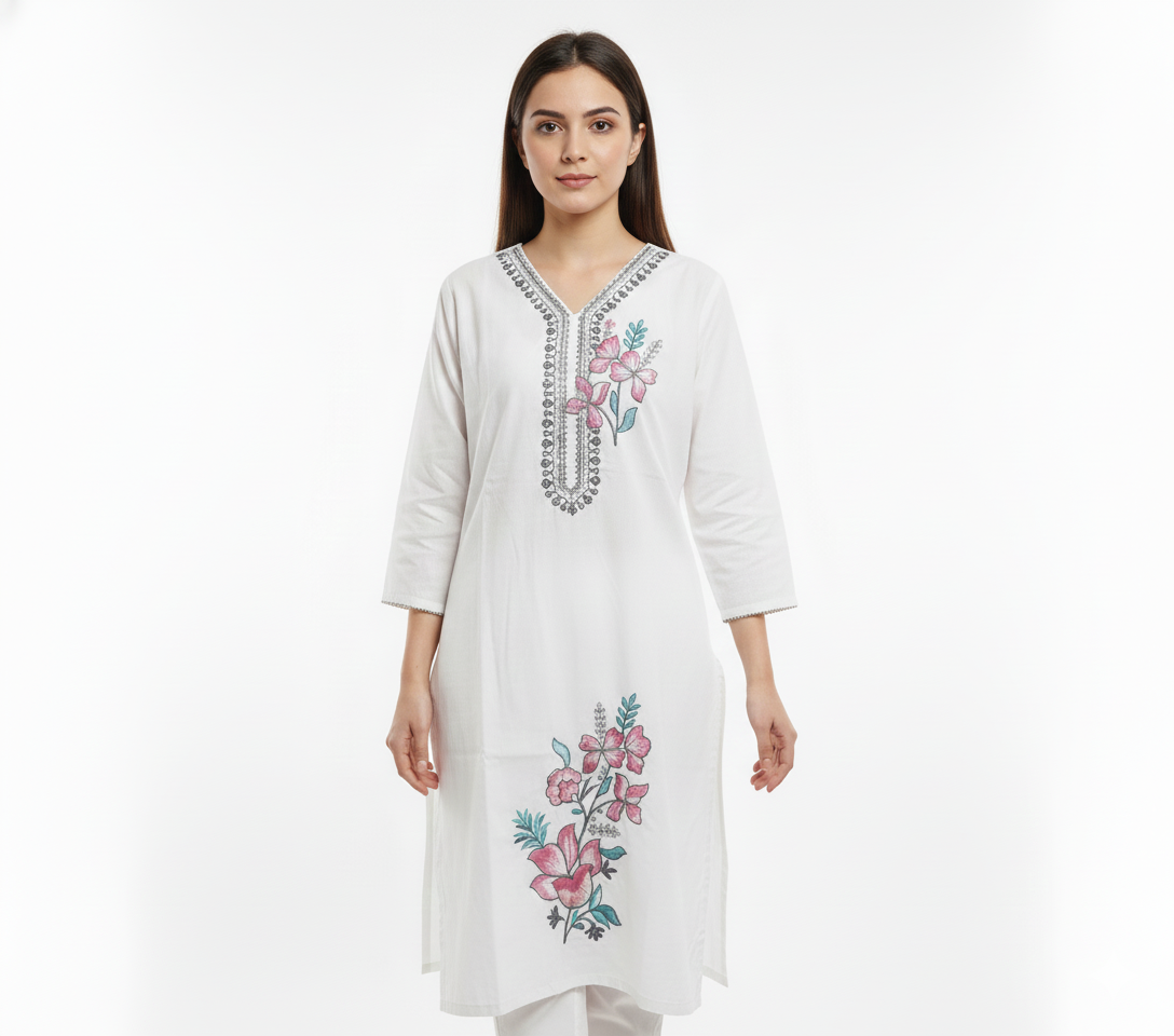 White Cord Set with Bold Multicolor Hand-Painted Floral Print | Breezy Summer Wear