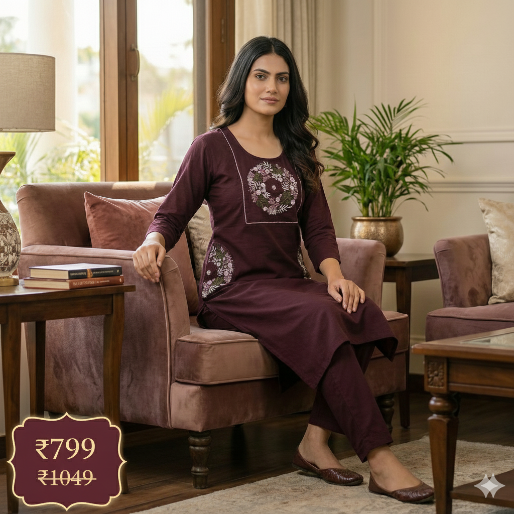 Wine Purple Embroidered Co-ord Set for Women | Stylish Kurti & Pant Set for Daily & Office Wear