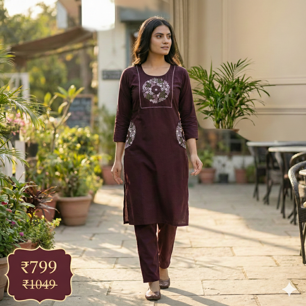 Wine Purple Embroidered Co-ord Set for Women | Stylish Kurti & Pant Set for Daily & Office Wear