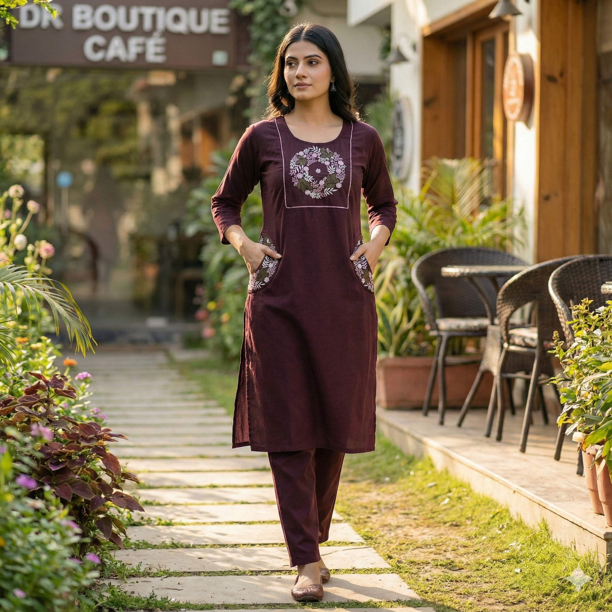 Wine Purple Embroidered Co-ord Set for Women | Stylish Kurti & Pant Set for Daily & Office Wear