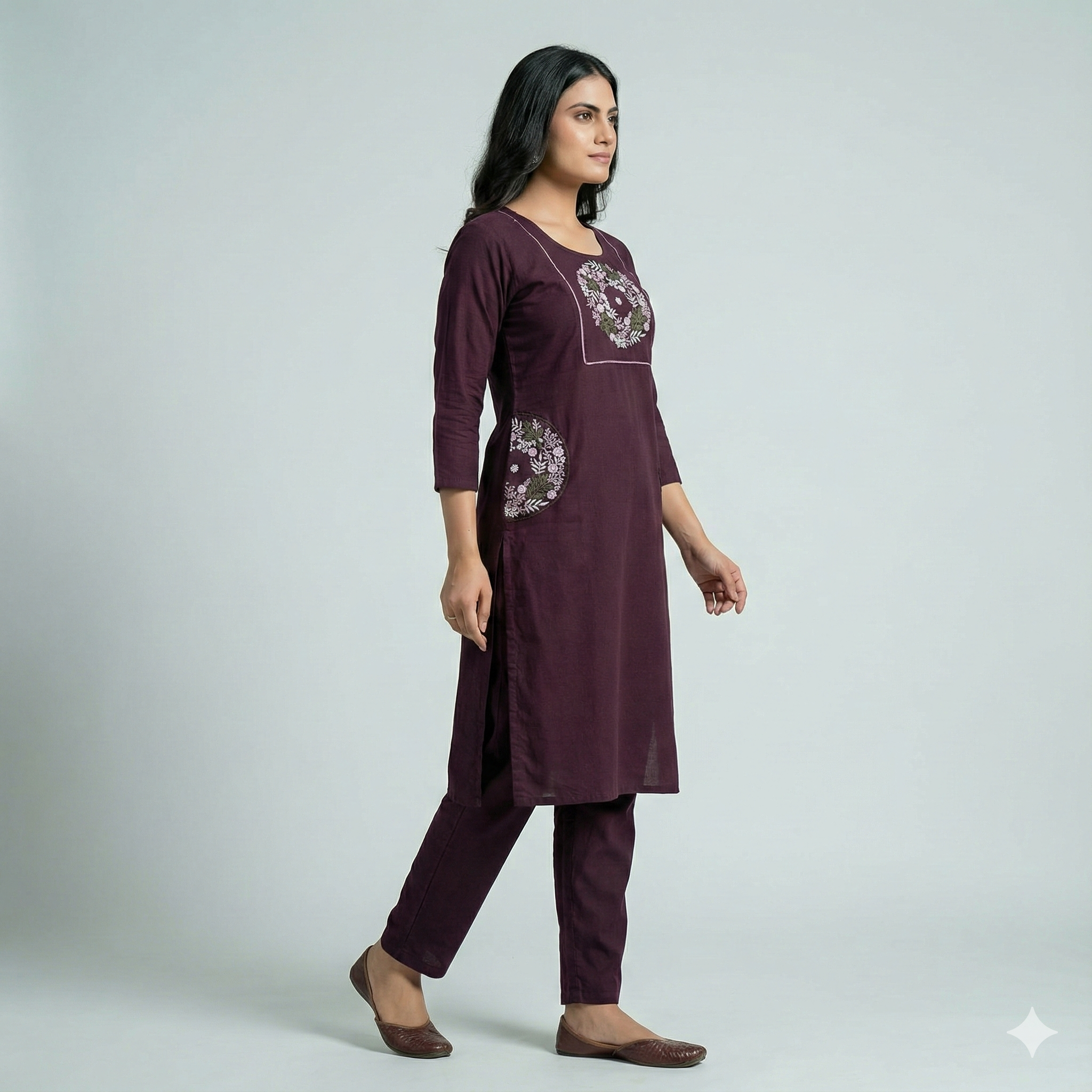 Wine Purple Embroidered Co-ord Set for Women | Stylish Kurti & Pant Set for Daily & Office Wear