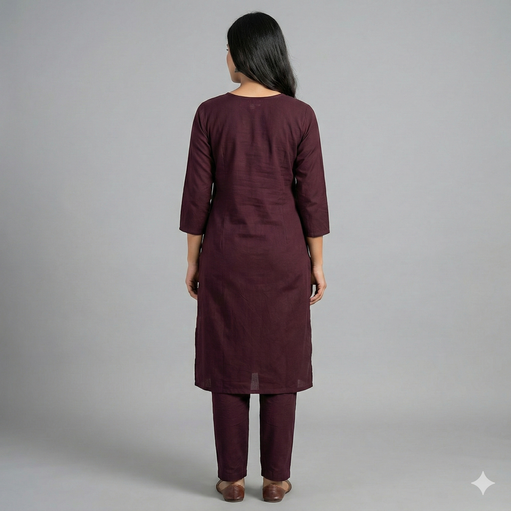 Wine Purple Embroidered Co-ord Set for Women | Stylish Kurti & Pant Set for Daily & Office Wear