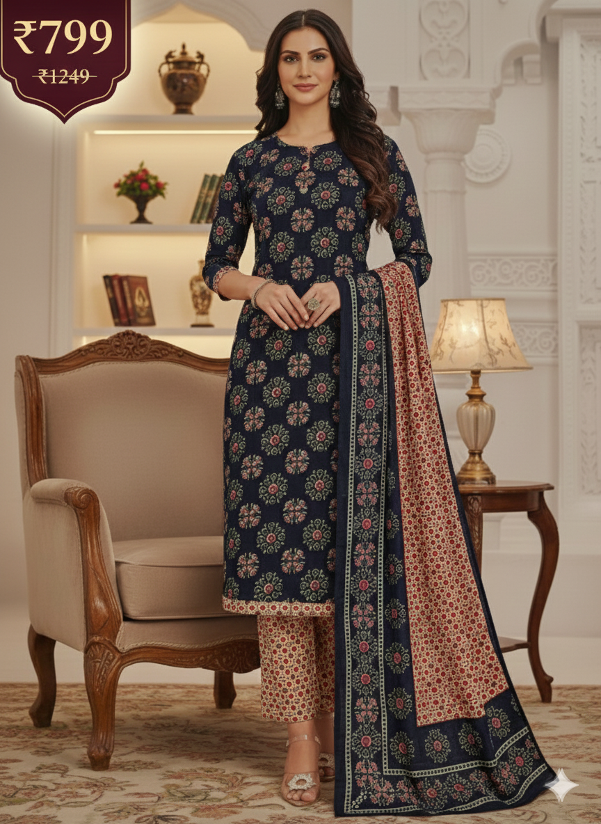Navy Blue Floral Printed Patiala Suit for Women – Stylish 3-Piece Kurta, Patiala Pant & Dupatta Set