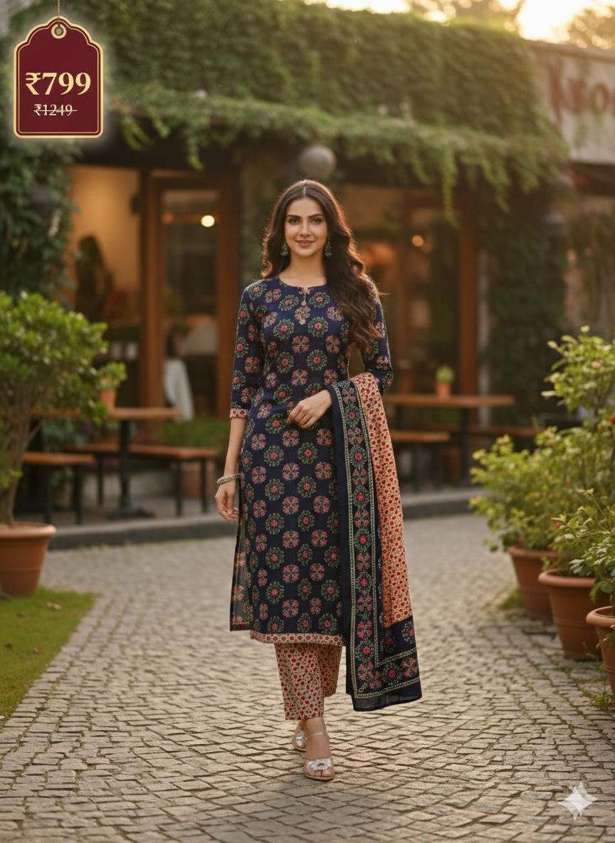 Navy Blue Floral Printed Patiala Suit for Women – Stylish 3-Piece Kurta, Patiala Pant & Dupatta Set
