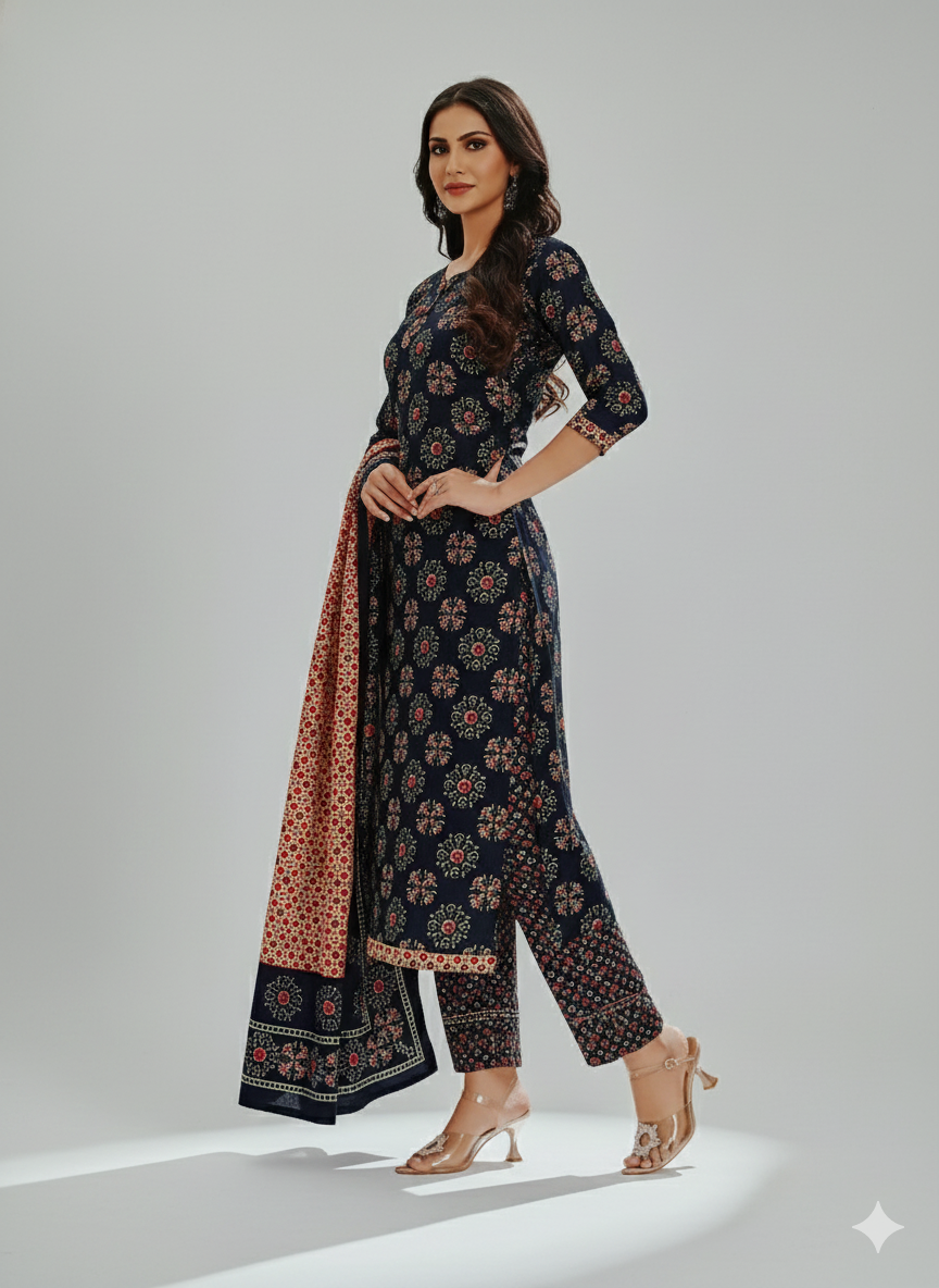 Navy Blue Floral Printed Patiala Suit for Women – Stylish 3-Piece Kurta, Patiala Pant & Dupatta Set