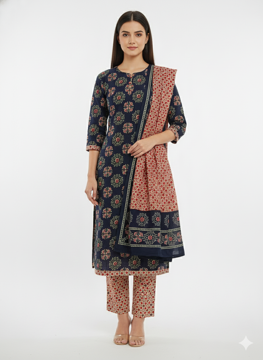 Navy Blue Floral Printed Patiala Suit for Women – Stylish 3-Piece Kurta, Patiala Pant & Dupatta Set