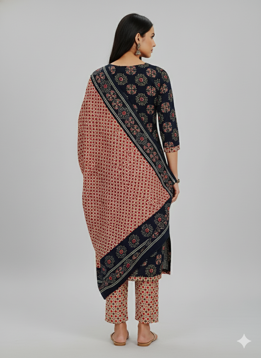 Navy Blue Floral Printed Patiala Suit for Women – Stylish 3-Piece Kurta, Patiala Pant & Dupatta Set