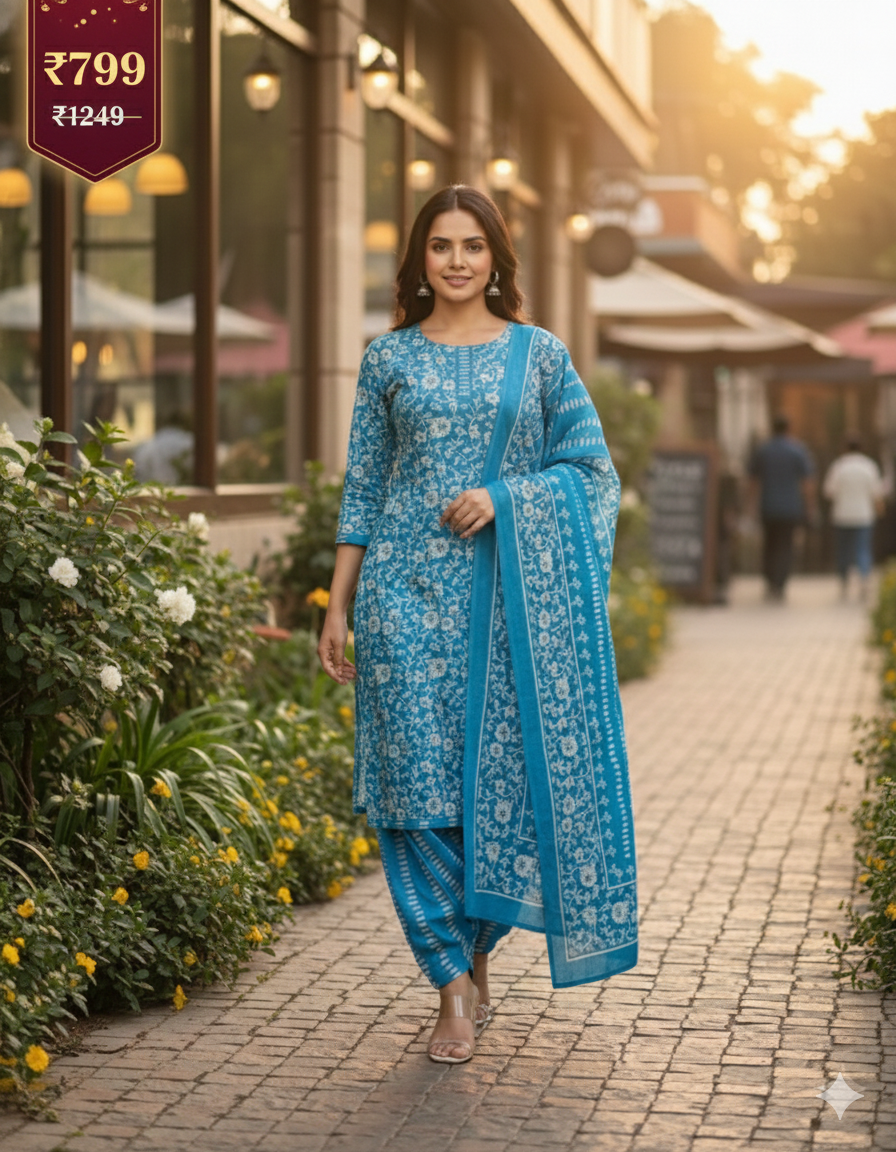 Blue Floral Printed Cotton 3-Piece Suit Set for Women – Kurta, Patiala Pants & Dupatta