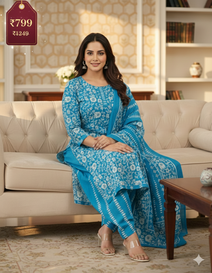 Blue Floral Printed Cotton 3-Piece Suit Set for Women – Kurta, Patiala Pants & Dupatta