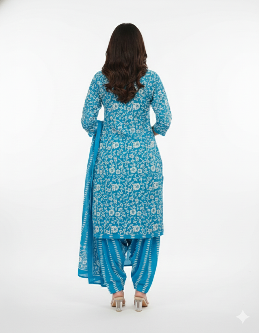 Blue Floral Printed Cotton 3-Piece Suit Set for Women – Kurta, Patiala Pants & Dupatta