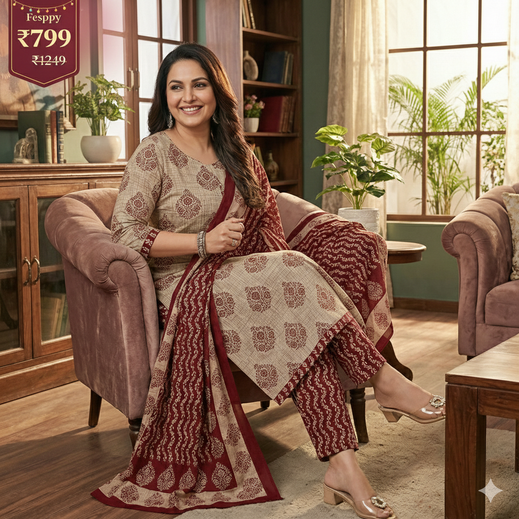 Plus Size Beige & Maroon Printed Cotton 3-Piece Suit Set for Women (Kurta, Pant & Dupatta | 3XL–5XL)